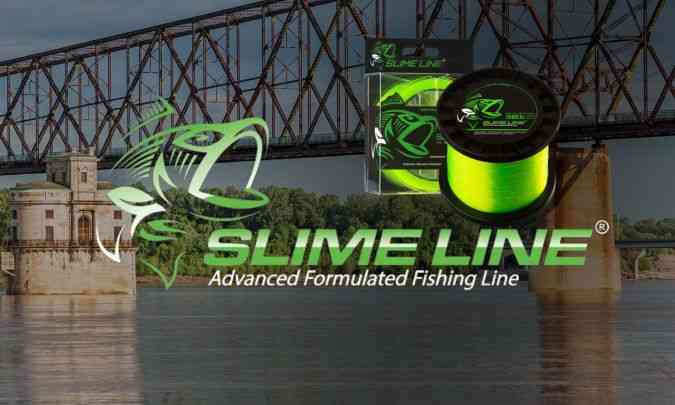 Fluorescent-green spool of Slime Line fishing line with branded packaging set against a riverside bridge backdrop.