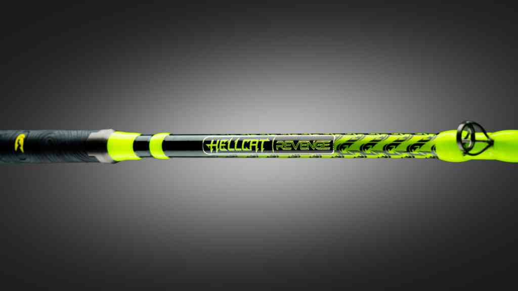 Close‑up of a Yellow Hellcat Revenge casting rod on a dark gradient background, inviting users to discover the new rod series.