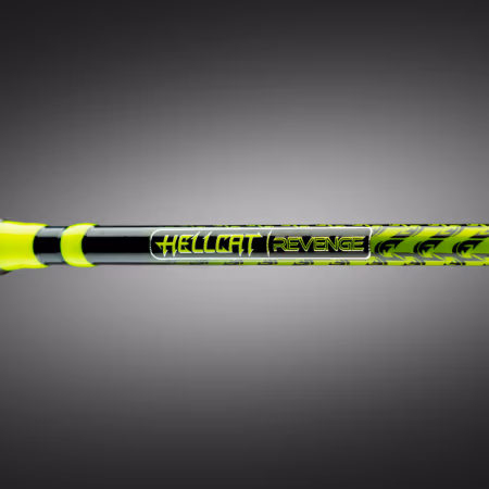 Close‑up of a Yellow Hellcat Revenge casting rod on a dark gradient background, inviting users to discover the new rod series.