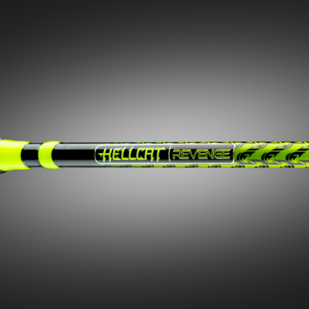 Close‑up of a Yellow Hellcat Revenge casting rod on a dark gradient background, inviting users to discover the new rod series.
