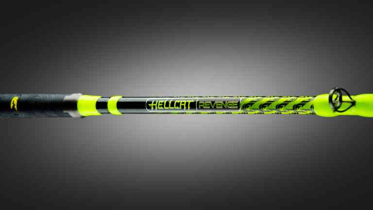 Close‑up of a Yellow Hellcat Revenge casting rod on a dark gradient background, inviting users to discover the new rod series.