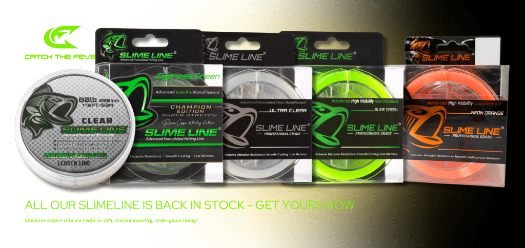 Slime Line 线轮陆降际合组，由极清、板柳绿、Slime绿和霜光橙红色梱成，在黑光下堆方于一根发光钓竿旁。