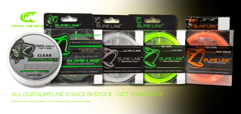 Array of Slime Line spools in ultra-clear, cypress green, slime green, and neon orange stacked against a glowing rod under black-light.