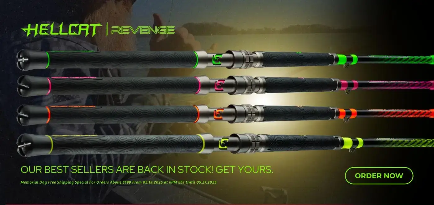 Hellcat Revenge Rod Series – newest casting & spinning catfish rods in every color, medium to extra‑heavy power, available for US & international anglers.