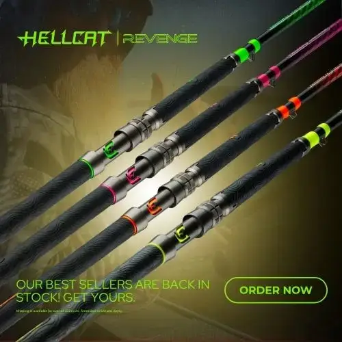 Hellcat Revenge Rod Series mobile banner showing multi‑color casting and spinning catfish rods with an “Order Now” button.