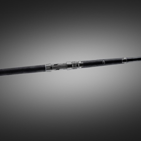 Side profile of the Hellcat Revenge Blackout Edition rod with grip, reel seat, and blank displayed against a dark gradient background.